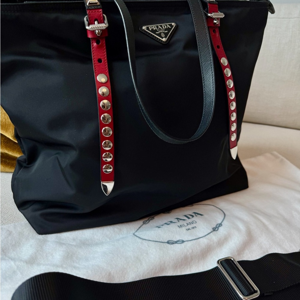 Prada Vela Studded Nylon Black and Red Convertible Tote Bag - Picture 8 of 16